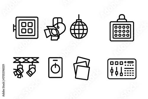 Stage Lighting Icons. Outline icon set of stage lighting: floodlight, spotlight, disco ball, LED panel, light rig, dimmer switch,