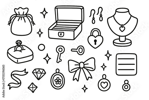 Jewelry Box Doodles. Hand-drawn doodle illustration jewelry box accessories velvet pouch, ring holder, necklace stand, earring