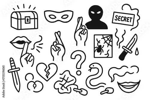 Hidden Secrets and Corruption. Hand-drawn doodle illustration hidden truths locked box, mask, shadow figure, secret note,