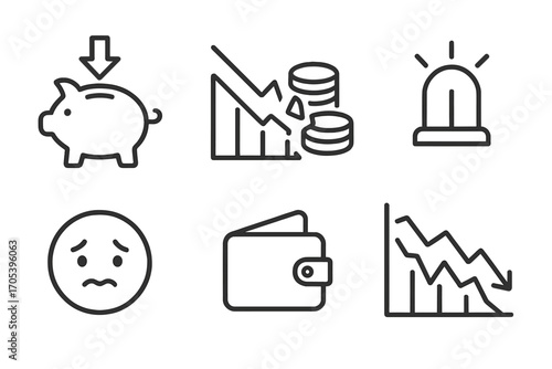 Financial Loss Icons. Outline icon set of financial loss: empty piggy bank, downward arrow, broken coin pile, alarm light, falling
