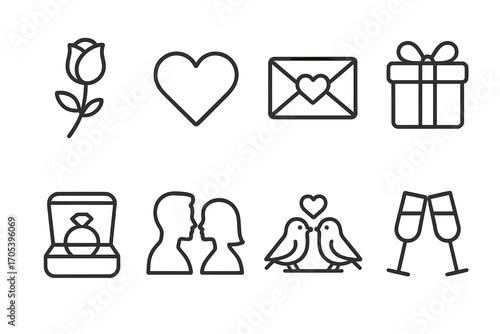 Romantic Icon Set. Outline icon set of romantic gestures: rose, heart, love message, gift box, engagement ring, couple silhouette,