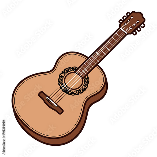 Acoustic classical guitar illustration. Simple vector graphic of a musical string instrument. Music and hobby concept isolated on a white background.