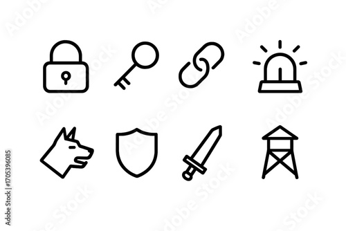 Crypt Protection Icon Set. Outline icon set of crypt protection: lock, key, chain, alarm bell, guard dog, shield, sword,