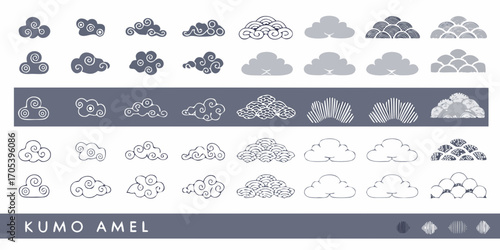 Collection of japanese kumo clouds in various styles and colors for traditional art and design