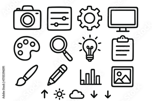 Creative Doodle Icons. Hand-drawn doodle illustration filter preset camera, sliders, settings icon, computer screen, color palette