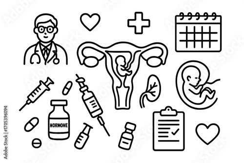 Pregnancy Anatomy Doodles. Hand-drawn doodle illustration uterus pregnancy uterus, embryo, placenta, fetus, amniotic sac, ovaries,