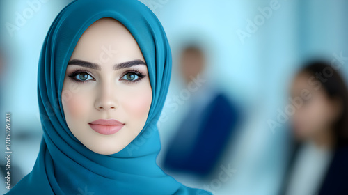 Arabian Businesswoman in office with Businesspeople meeting in the background, Arabian woman wearing Hijab in office with her colleagues in background