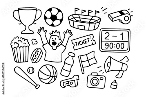 Sports Memories Doodle. Hand-drawn doodle illustration Exciting moments in sports entertainment trophy, soccer ball, stadium,