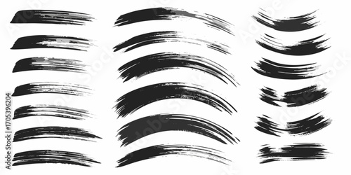 Collection of diverse black ink brush strokes and paint splatters on a white background