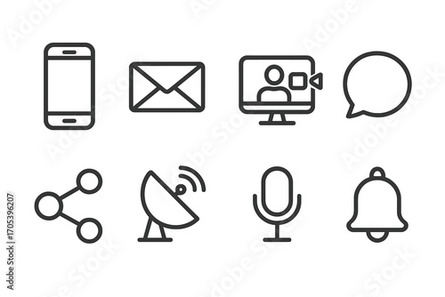 Digital Communication Icons. Outline icon set of digital empire communication tools: smartphone, email, video call, chat bubble,