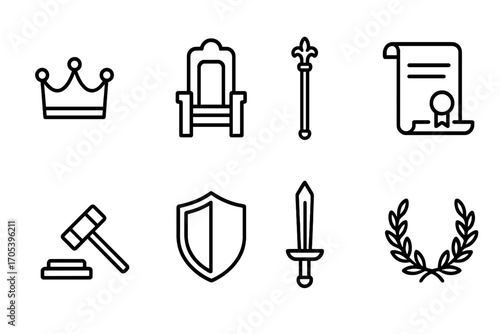 Medieval Court Icons. Outline icon set of medieval court: crown, throne, scepter, scroll, gavel, shield, sword, laurel wreath.