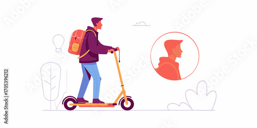 Young man with backpack riding an electric scooter in a stylized urban environment