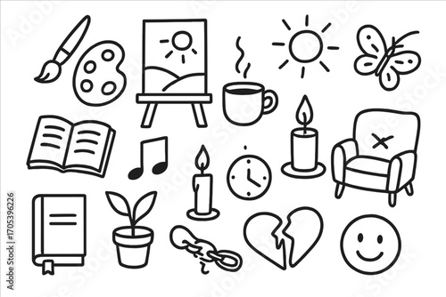 Creative and Fragile Icons. Hand-drawn doodle illustration creative solitude paintbrush, palette, canvas, open book, music note,