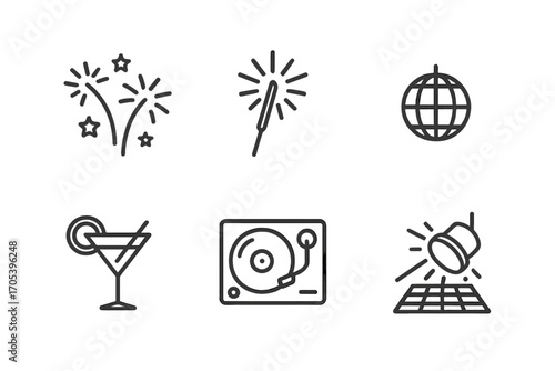 Celebration Icon Set. Outline icon set of celebration: fireworks, sparkler, disco ball, party horn, cocktail glass, DJ turntable,
