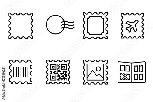 Postal Stamp Icons. Outline icon set of postal stamps: postage stamp, cancellation mark, vintage stamp, airmail stamp, barcode