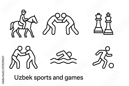 Uzbek Sports Icons. Outline icon set of Uzbek sports and games: horseback riding, wrestling, archery, chess, traditional wrestling