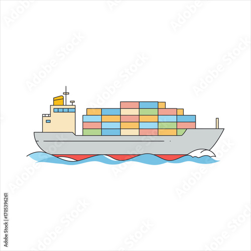 Stylized Container Ship with Colorful Cargo Boxes Sailing on Blue Waves.