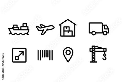 Worldwide Logistics Icons. Outline icon set of worldwide logistics: cargo ship, airplane, warehouse, delivery truck, shipping