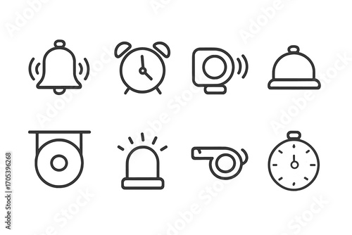 Timing Signals Icons. Outline icon set of timing signals: bell, alarm, buzzer, chime, gong, siren, whistle, timer. Line icons in