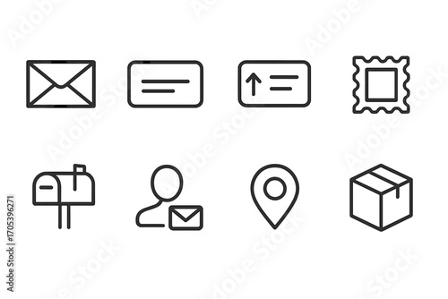 Postal Icon Set. Outline icon set of return address: envelope, address label, return label, postal stamp, mailbox, sender icon,