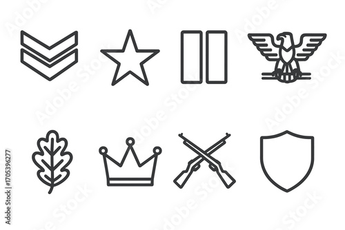 Military Rank Icons Collection. Outline icon set of army ranks: chevrons, stars, bars, eagle, oak leaf, crown, crossed rifles,