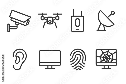 Surveillance Icon Set. Outline icon set of surveillance and spying: CCTV camera, drone, bug device, satellite dish, listening ear,