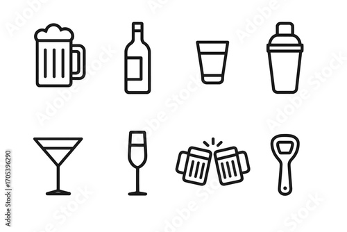 Celebration Drink Icons. Outline icon set of celebration drinks: beer mug, wine bottle, shot glass, cocktail shaker, martini glass