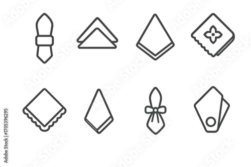Napkin Accessories Icons. Outline icon set of napkin accessories: napkin ring, holder stand, embroidered edge, printed pattern,