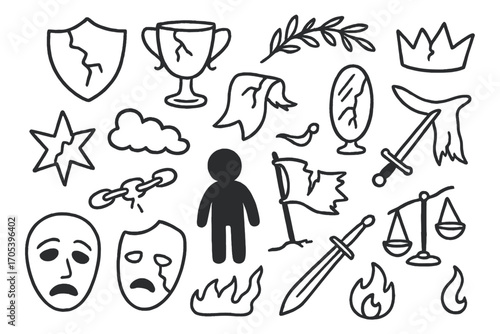 Symbols of Defeat. Hand-drawn doodle illustration disgrace cracked shield, broken trophy, torn ribbon, wilted laurel, fallen crown