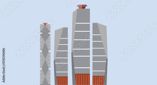 Flat design illustration of isolated cityscape buildings, showcasing modern urban architecture in a clean, minimal style, emphasizing skyline silhouettes and city living on a solid background.