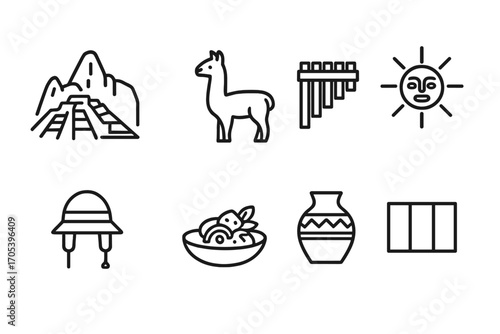 Peruvian Culture Icons. Outline icon set of Peruvian culture: Machu Picchu, alpaca, Andean flute, Inca sun, traditional hat,