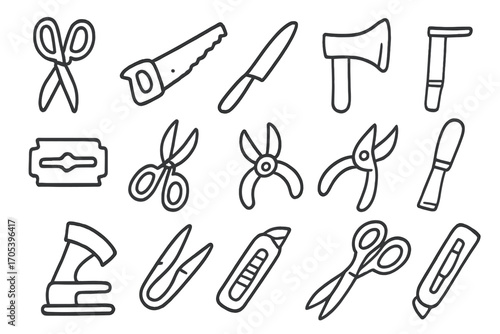Doodle Cutting Tools. Hand-drawn doodle illustration cutting tools scissors, saw, knife, axe, razor, blade, shears, wire cutters,