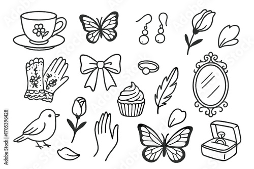 Tender Moments Doodle. Hand-drawn doodle illustration tender moments teacup, butterfly, pearl earrings, lace gloves, ribbon bow,