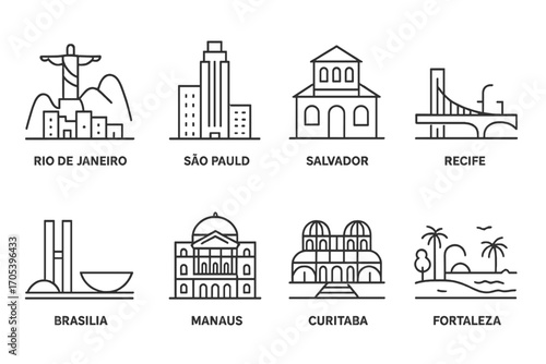 Brazil & Argentina Icons. Outline icon set of Brazilian cities and culture hubs: Rio de Janeiro skyline, Sao Paulo skyscraper,