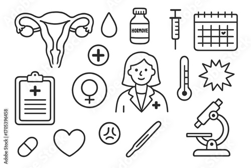 Menstrual Health Icons. Hand-drawn doodle illustration uterus menstruation uterus, blood drop, ovaries, fallopian tubes, hormone