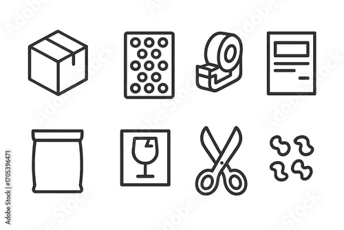 Courier Packaging Icons. Outline icon set of courier packaging: cardboard box, bubble wrap, tape dispenser, shipping label, parcel