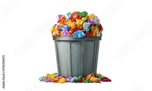 A gray trash can overflowing with colorful, crumpled candy wrappers