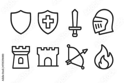 Territorial Defense Icons. Outline icon set of territorial defense: shield, shield with cross, sword, helmet, watchtower, fortress