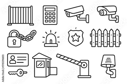 Security Gate Icons. Hand-drawn doodle illustration security gate gate, keypad, security camera, lock, chain, alarm bell, fence,