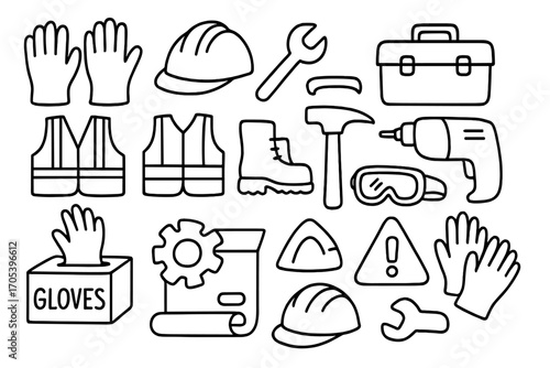 Industrial Tool Doodle. Hand-drawn doodle illustration Industrial work gloves rubber gloves, helmet, wrench, toolbox, safety vest,