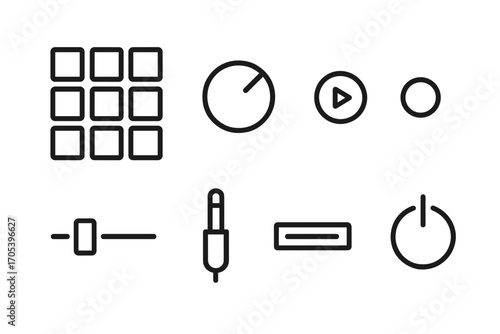 Music Device Icons. Outline icon set of music device elements: pad buttons, volume knob, play button, record light, slider bar,