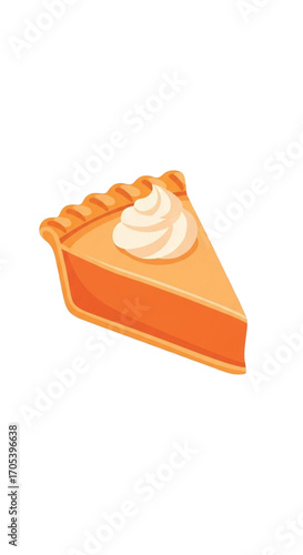 Slice of delicious pumpkin pie with whipped cream topping.