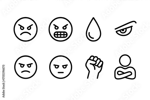 Ruthless Emotions Icons. Outline icon set of ruthless emotions: angry face, gritted teeth, clenched jaw, sweat drop, sharp eye,