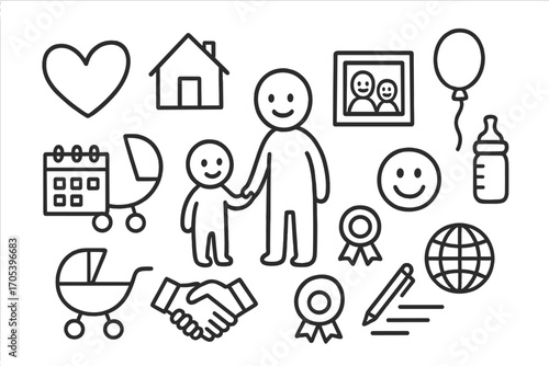 Adoption Symbols Doodle. Hand-drawn doodle illustration adoption parent and child family, heart, house, child, stroller, baby