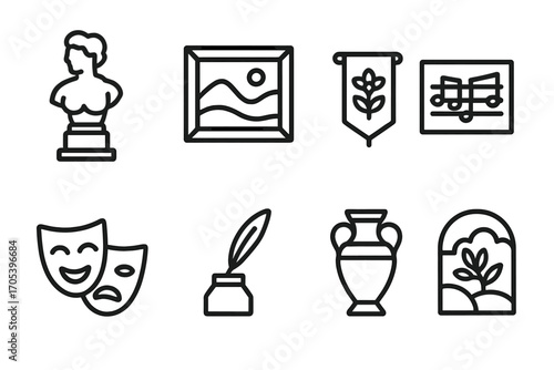 Palace Art Icons. Outline icon set of palace art and culture: sculpture, painting, tapestry, music sheet, theater mask,