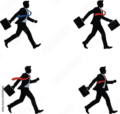 Businessman silhouettes running with briefcases, professional urgency, corporate success concept, fast-paced business environment, dynamic business activity, office worker on the move.