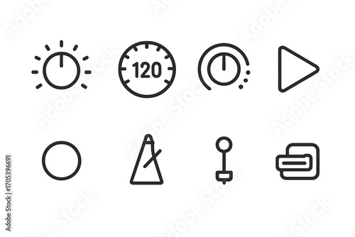 Electronic Drum Controls Icons. Outline icon set of electronic drum controls: volume knob, tempo dial, preset selector, play
