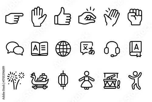 Outline Icon Sets. Outline icon set of hand and finger movements: pointing finger, waving hand, thumbs up, pinch gesture, clapping