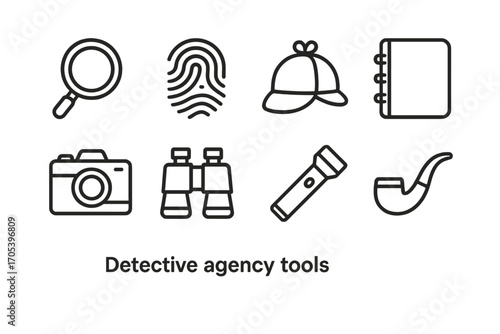 Detective Tools Icons. Outline icon set of detective agency tools: magnifying glass, fingerprint, detective hat, notebook, camera,