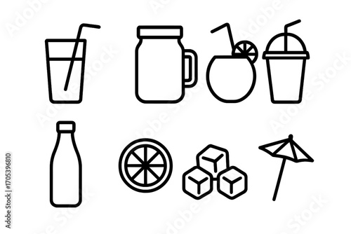 Juice Icon Set. Outline icon set of juice serving styles: glass with straw, mason jar, coconut cup, takeaway cup, bottle with cap,